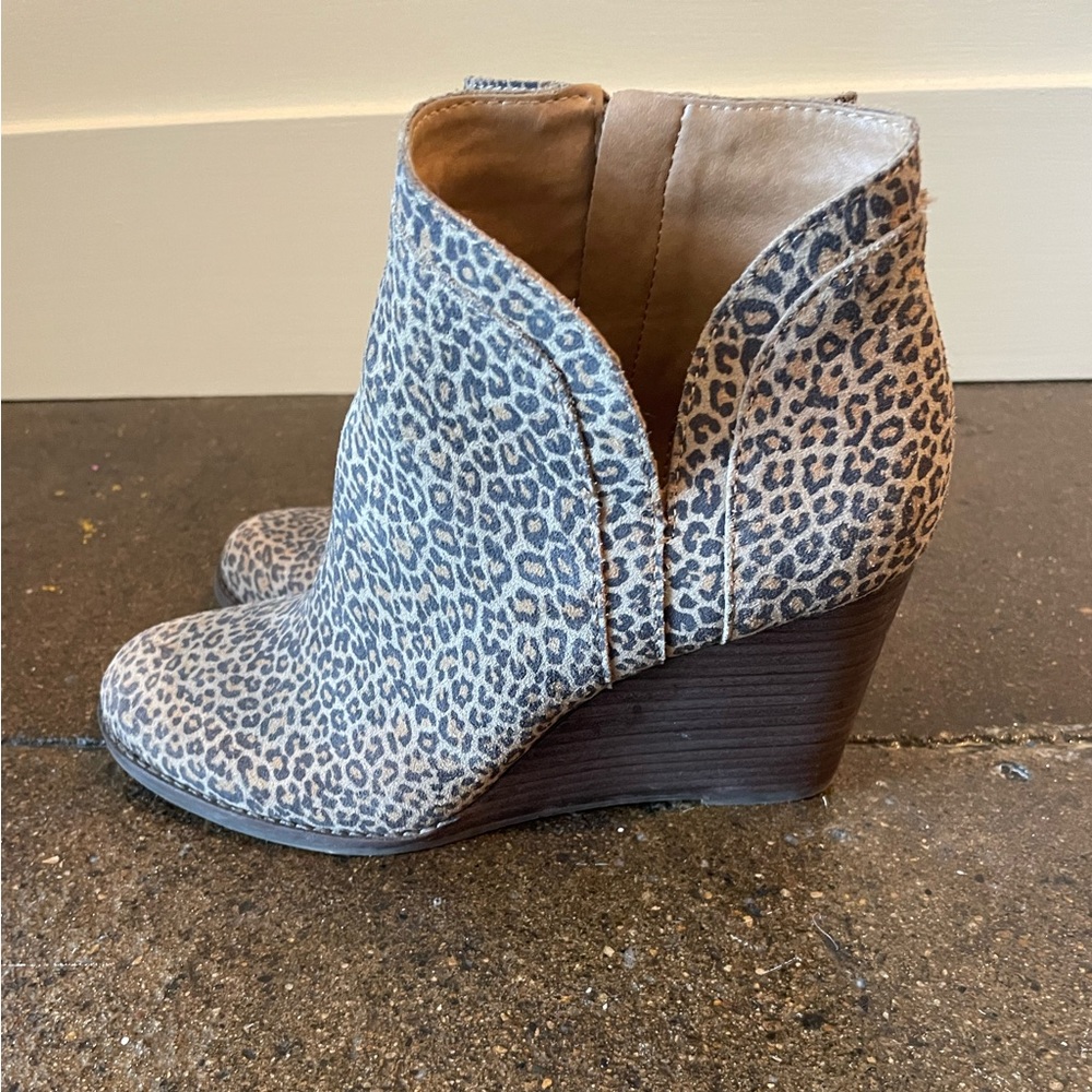 Lucky brand-cheetah print wedge booties, size 8